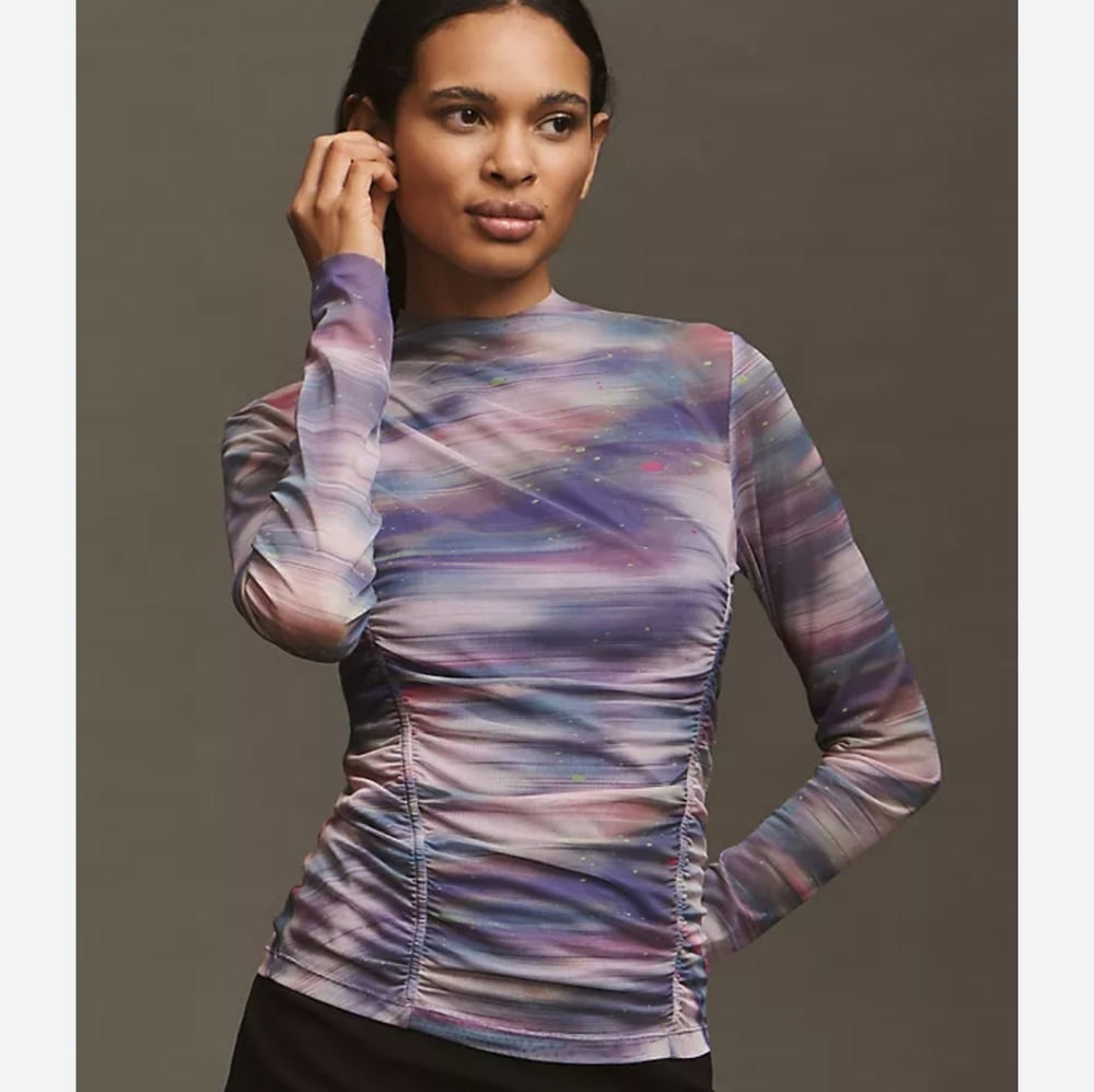 By Anthropologie Purple Ruched Double Mesh Top sz XL